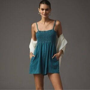 Pilcro / Anthropologie Smocked Blue / Green Romper